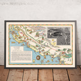 Antiguo mapa pictórico de la ruta aérea San Francisco–Los Ángeles, 1929: Yosemite, lago Tahoe, bahía de Monterey, paso de Grapevine, Valle Central 