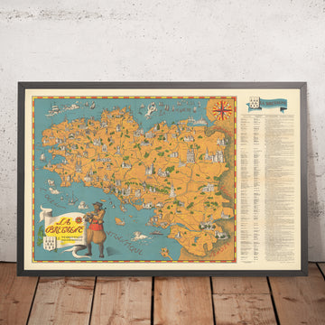 Mappa antica della Bretagna di Flornoy Jean, 1950: Nantes, Rennes, Brest, Castelli, Costa, Megaliti 