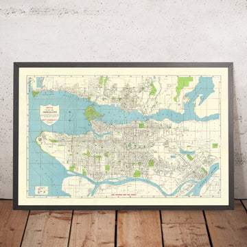 Mapa antiguo de la ciudad de Vancouver de Wrigley, 1947: Stanley Park, Lions Gate Bridge, Burrard Inlet, False Creek, río Fraser 