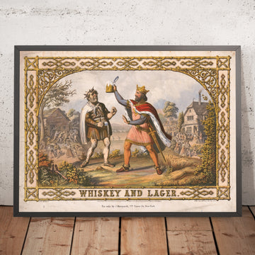 A framed image of Whiskey and Lager Vintage Drinks Poster by J. Rau, 1871