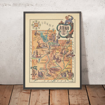 Antiguo mapa pictórico de Utah de Liozu, 1946: Great Salt Lake, Salt Lake City, Zion NP, Bryce Canyon, Provo 