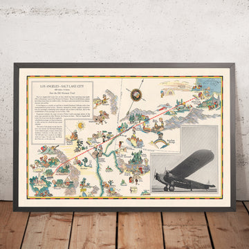 Mappa Pittorica della Rotta Aerea Los Angeles–Salt Lake City, 1929: Western Air Express, Fokker Tri-Motore, Las Vegas, Grande Lago Salato, Parco Nazionale di Zion 