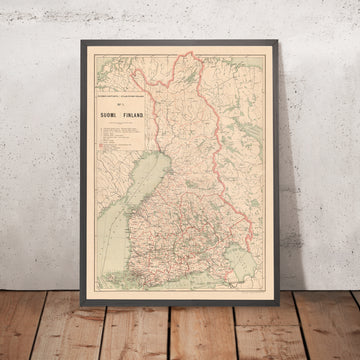 Mapa antiguo de Finlandia, 1897: Helsinki, Tampere, Golfo de Botnia, Ferrocarriles, Fronteras 