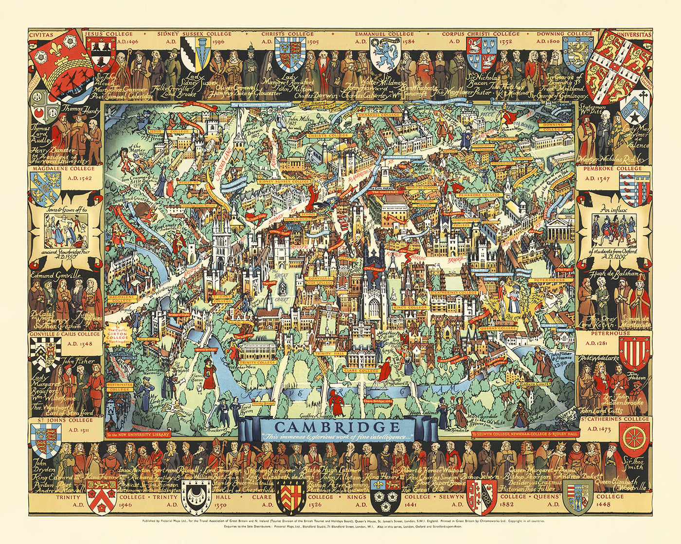 Antigua Mapa Pictórico de Cambridge por Lee, 1948: King's College, Río Cam, Puente de los Suspiros, Trinity College, St. John's 