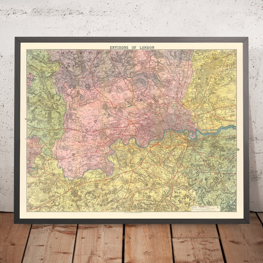 Vecchia mappa vittoriana di Londra, 1890: altamente dettagliata, confini di contea, ridotta dall&