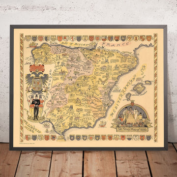 Vecchia mappa pittorica della Spagna, 1935: Madrid, Barcellona, Siviglia, Golfo di Biscaglia, navi storiche 