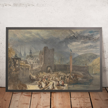 A framed image of A View of Boppart, with Figures on the River Bank (A View of Boppard from the Rhine) by Turner, 1817