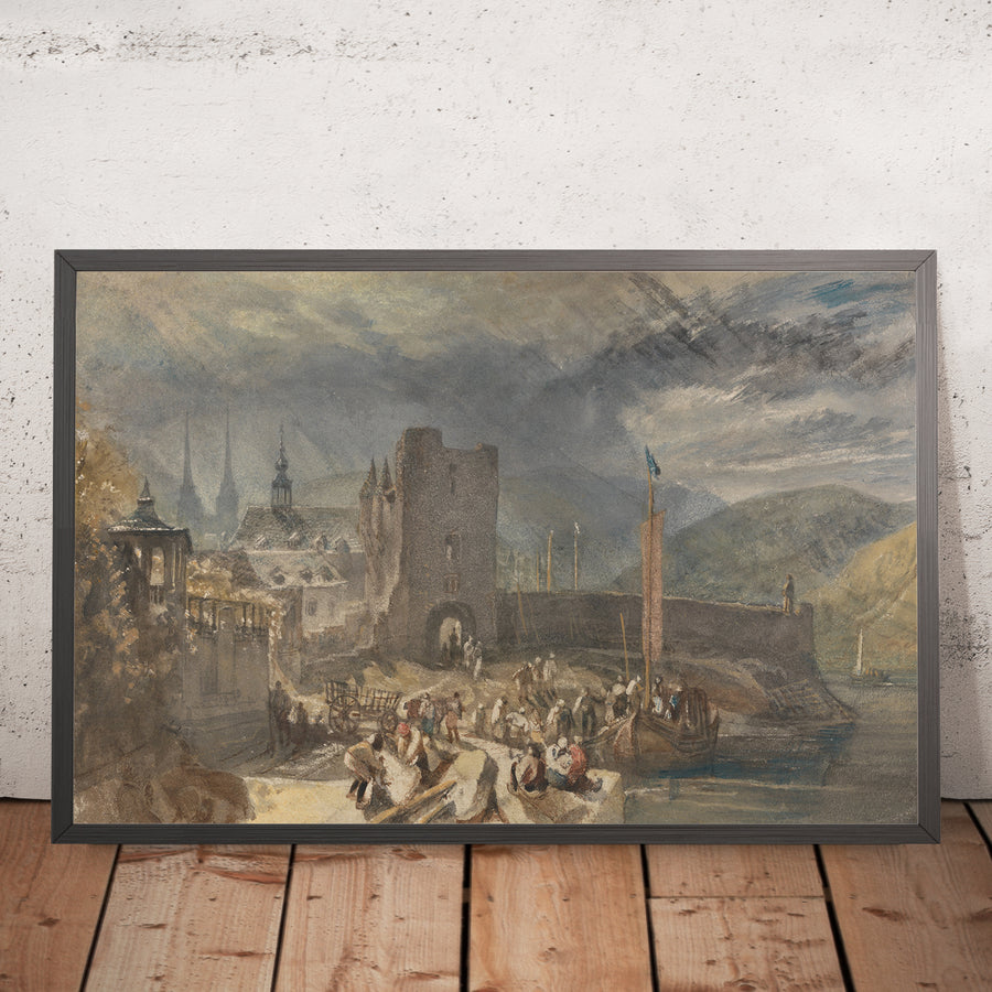 A framed image of A View of Boppart, with Figures on the River Bank (A View of Boppard from the Rhine) by Turner, 1817
