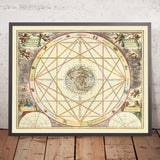 Mapa mundial en proyección polar y carta zodiacal celeste de Cellarius, 1660 
