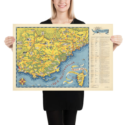 Old Map of Côte d’Azur (French Riviera) by Flornoy Jean, 1950: Nice, Cannes, Monaco, Antibes, Saint-Tropez
