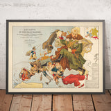 Alte serio-komische Karte von Europa von Fred Rose, 1899: "Angling in Troubled Waters" 