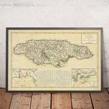 Old Map of Jamaica by Lattré, 1779: Kingston, Port Royal, Spanish Town, Blue Mountains, Bluefields Harbor