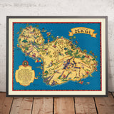 Ancienne carte picturale de Maui, Hawaï par White, 1931 : Haleakala, Lahaina, port de Kahului, Wailuku, montagnes de l’Ouest de Maui 