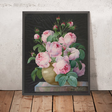 A framed image of Pink Roses in a Vase by Pierre Joseph Redouté, 1838