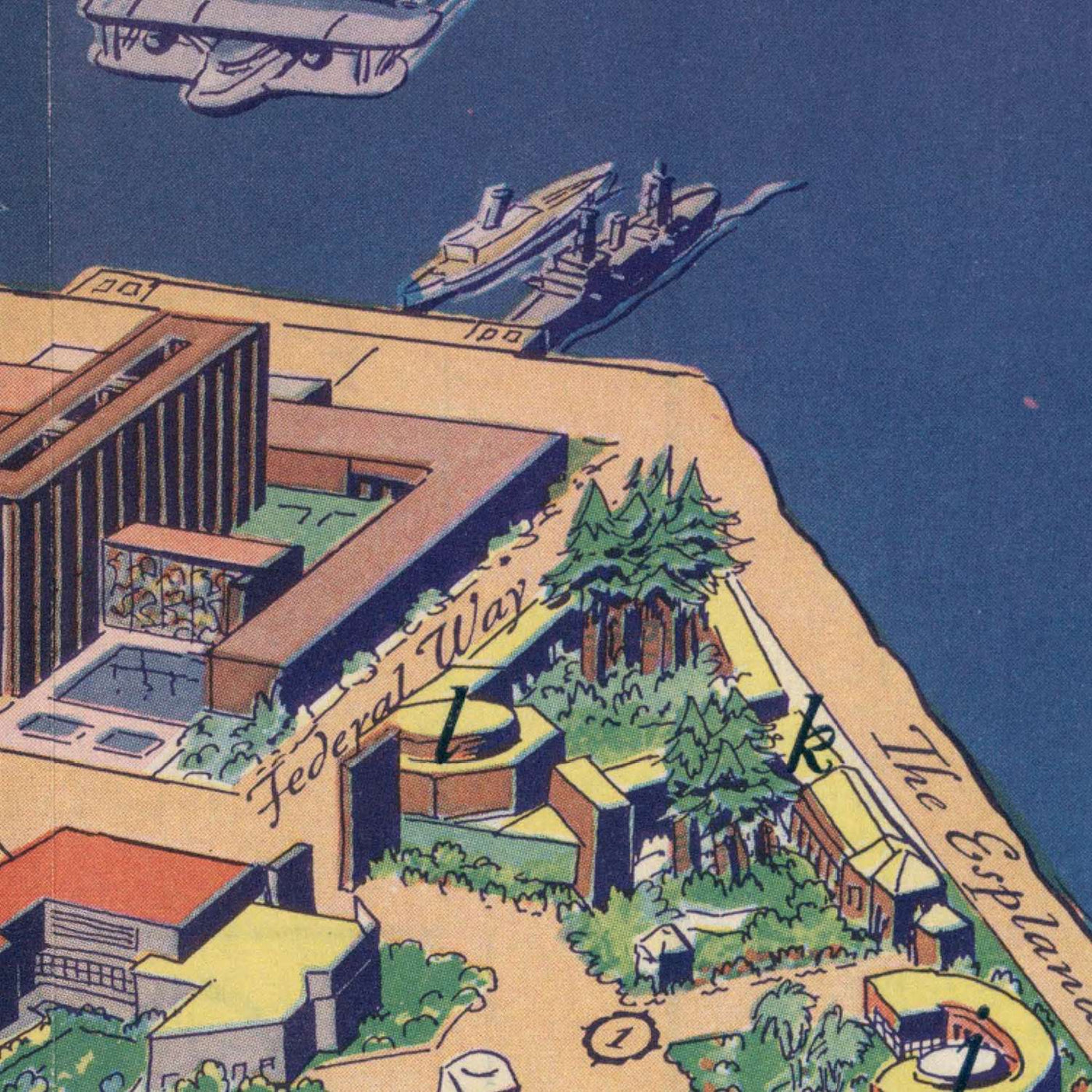 Old Map of Treasure Island & the Golden Gate International Exposition1939: Tower of the Sun, Court of the Seven Seas, California Building, Bay Bridge, San Francisco