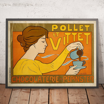 A framed image of Pollet et Vittet Vintage Chocolate Poster by Henri Meunier, 1896