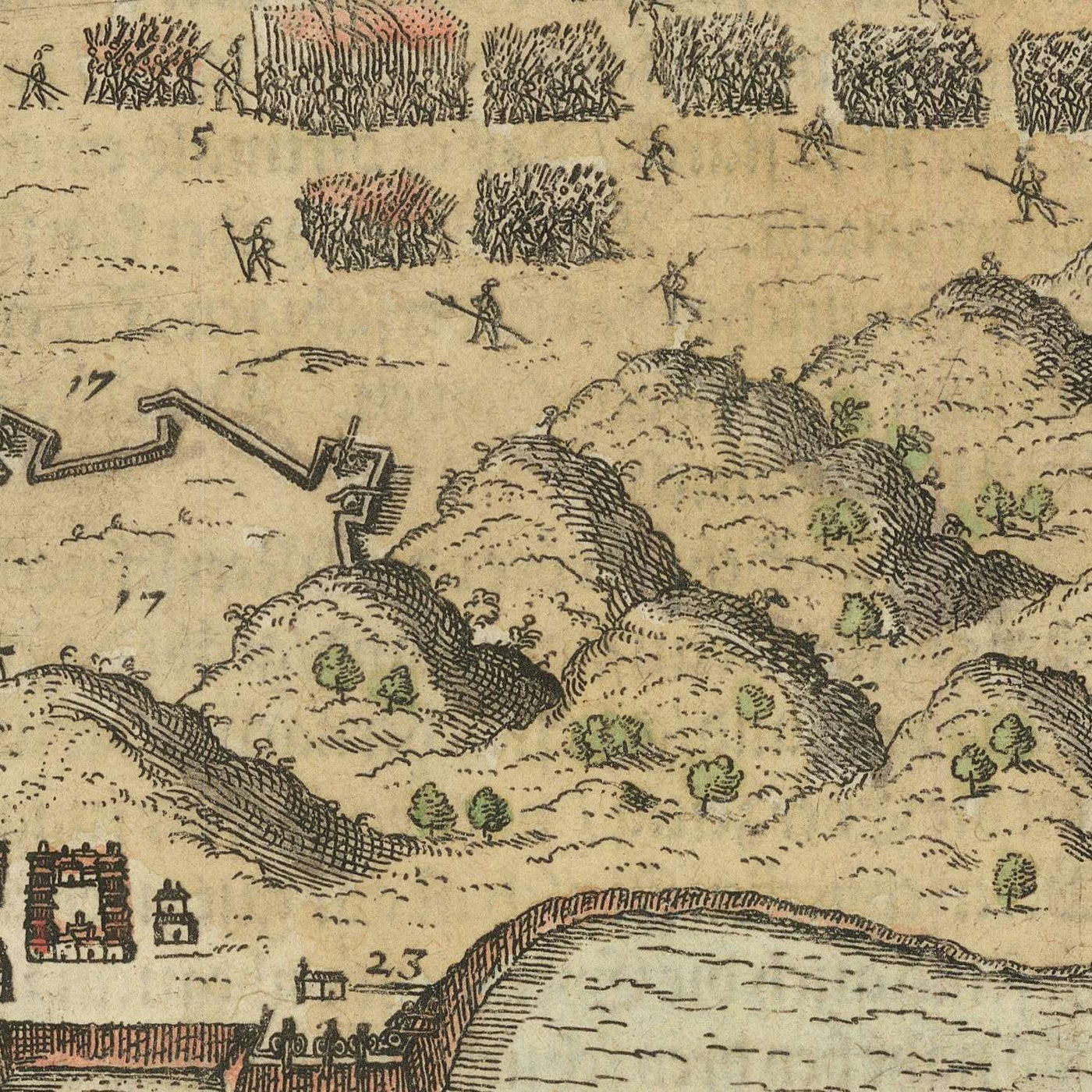 Sir Francis Drake's Attack on Santiago by De Bry, 1599: Battle Map, Fleet, Troops, Fortifications