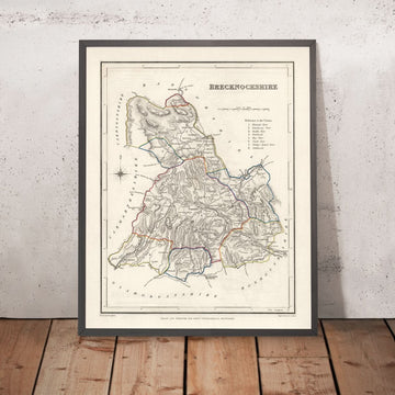 Mapa antiguo de Breconshire, Gales, de Lewis, 1844: Brecon, Hay-on-Wye, Brecon Beacons, río Usk, lago Llangorse 