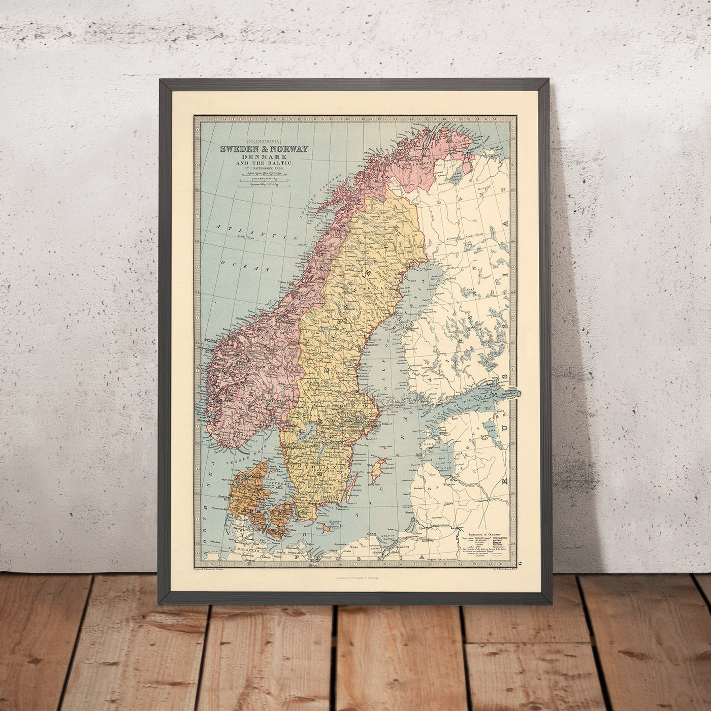 Old Map of Scandinavia by Bartholomew, 1871: Stockholm, Copenhagen, Oslo, Baltic Sea, Scandes