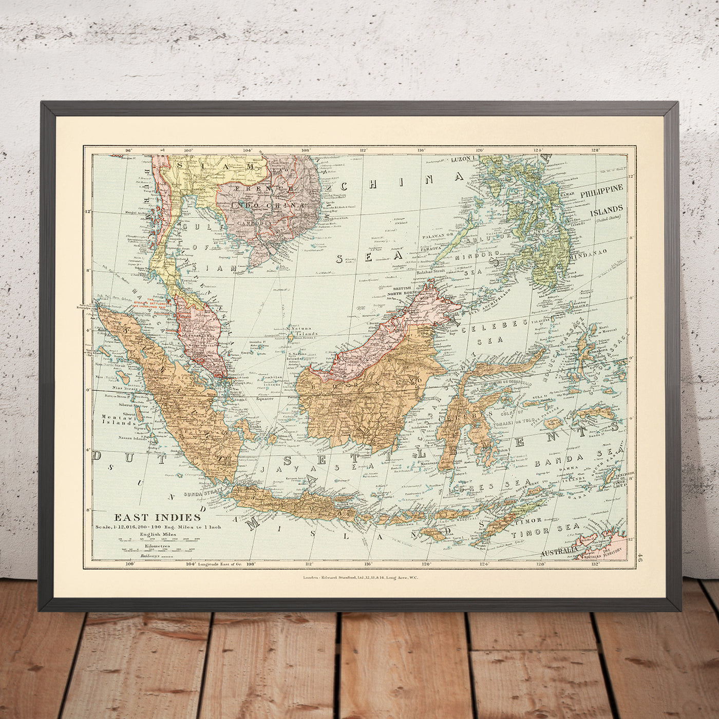 Old Map of the East Indies by Stanford, 1926: Indonesia, Malaysia, Philippines, Railways