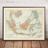 Ancienne carte des Indes orientales par Stanford, 1926 : Indonésie, Malaisie, Philippines, chemins de fer 