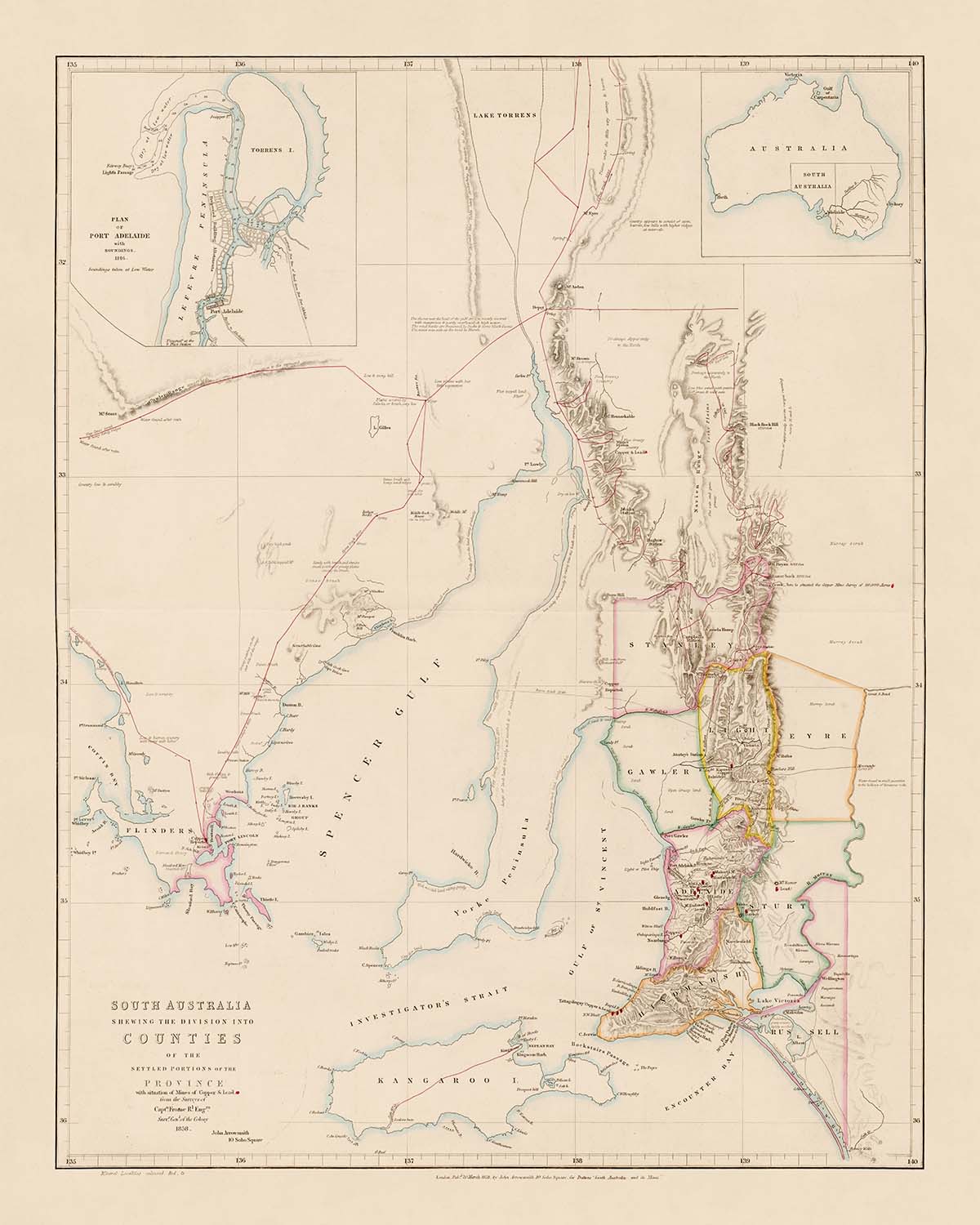 Old County Map of South Australia by Arrowsmith, 1858: Adelaide, Port Adelaide, Burra, Murray River, Copper Mines
