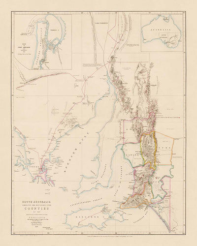 Old County Map of South Australia by Arrowsmith, 1858: Adelaide, Port Adelaide, Burra, Murray River, Copper Mines