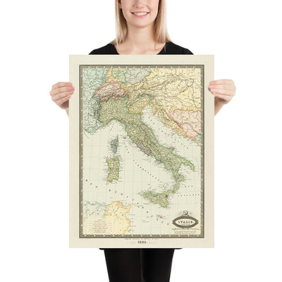 Old Map of Italy by Garnier, 1861: Unification, Rome, Milan, Venice, Alps, Po River