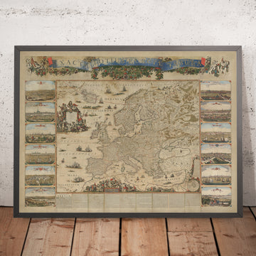 Mapa antiguo masivo de Europa por Visscher, 1677: Triple Alianza, Vistas de la Ciudad Capital 