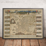 Mapa antiguo masivo de Europa por Visscher, 1677: Triple Alianza, Vistas de la Ciudad Capital 
