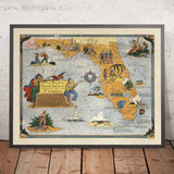 Ancienne carte au trésor des pirates de la Floride par Sanford, 1950 : Miami, Tampa, Keys, Treasure Coast, Everglades 