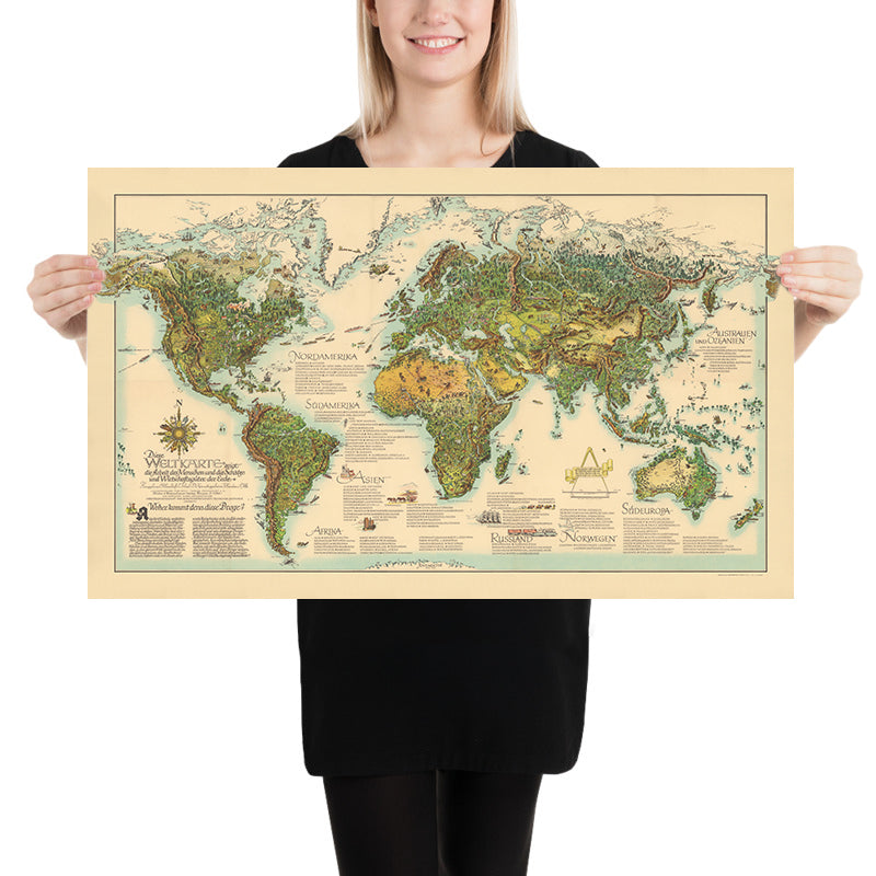 Mappa del mondo tedesca in stile fantasy post-Seconda Guerra Mondiale di Wommelsdorff, 1950 