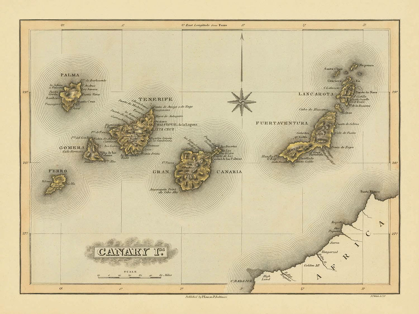 Alte seltene Karte der Kanarischen Inseln von Lucas, 1823: Teneriffa, Gran Canaria, Kompassrose, Berge, Atlantik 