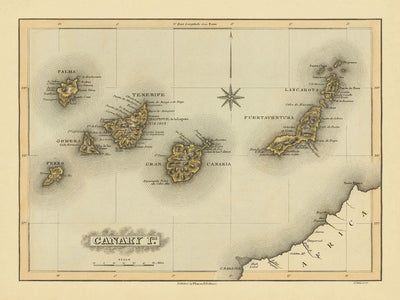 Ancienne carte rare des îles Canaries par Lucas, 1823 : Tenerife, Gran Canaria, rose des vents, montagnes, Atlantique