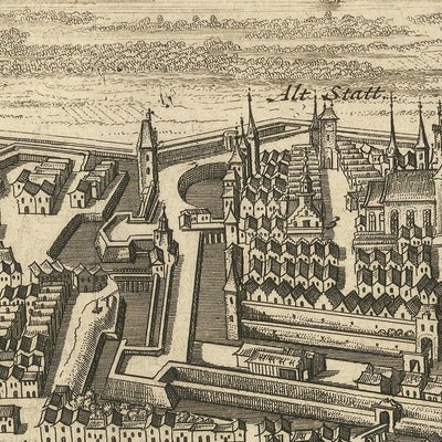 Old Bird's Eye Map of Elbląg, Poland, 1725: Fortified Walls, Maritime Routes, Churches, Rural Landscape