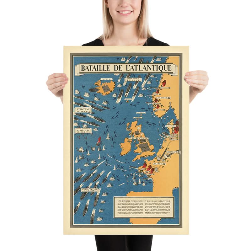 Alter bildlicher Karte der Schlacht im Atlantik von Blake, 1944: Großbritannien, U-Boote, Konvois 