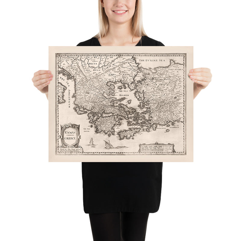 Vecchia mappa della Grecia di Speed, 1676: Atene, Corinto, Mare Egeo, Navi 