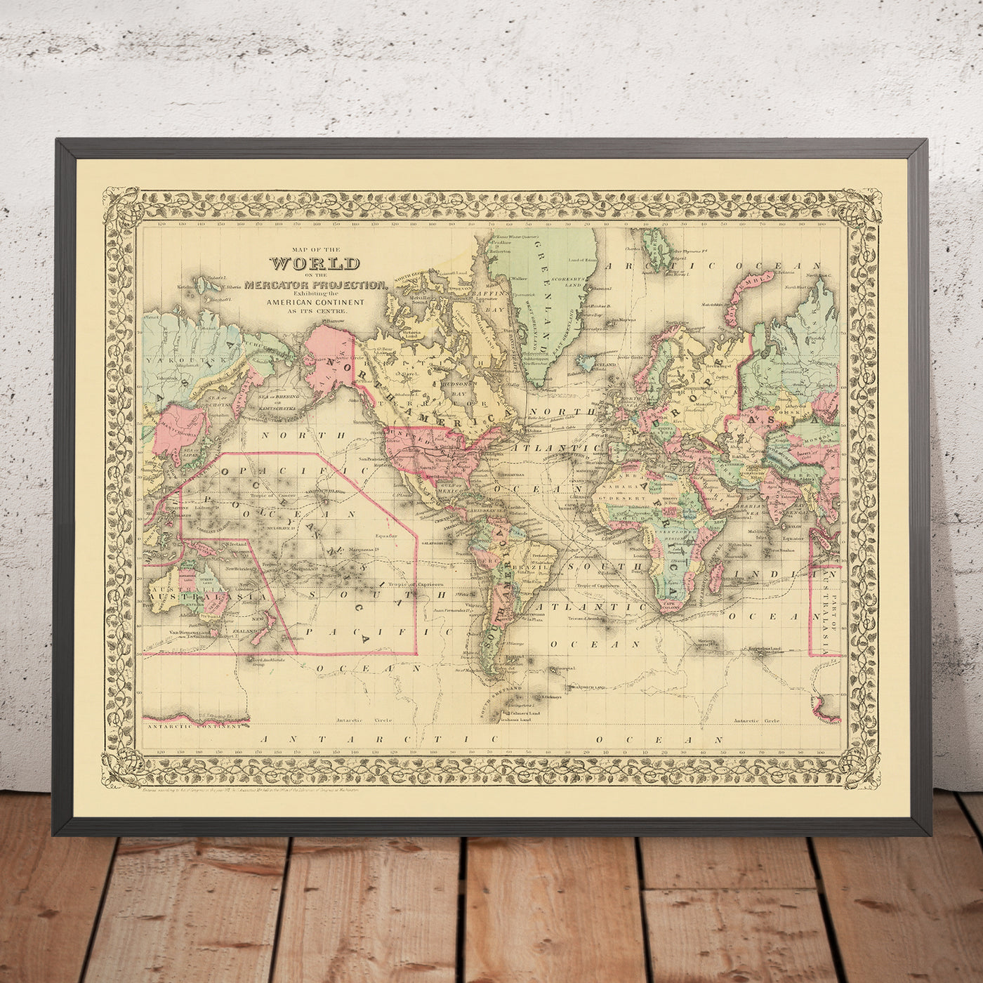 Old Mercator World Map Centered on America by Mitchell, 1882