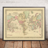 Antigua Mapa Mundial de Mercator Centrado en América por Mitchell, 1882 