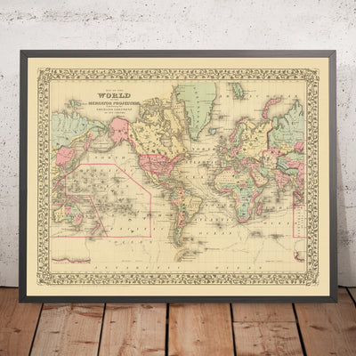 Old Mercator World Map Centered on America by Mitchell, 1882