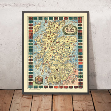 Antica Mappa Pittorica della Scozia, 1935: Edimburgo, Glasgow, Castelli, Tartani, Figure Storiche 