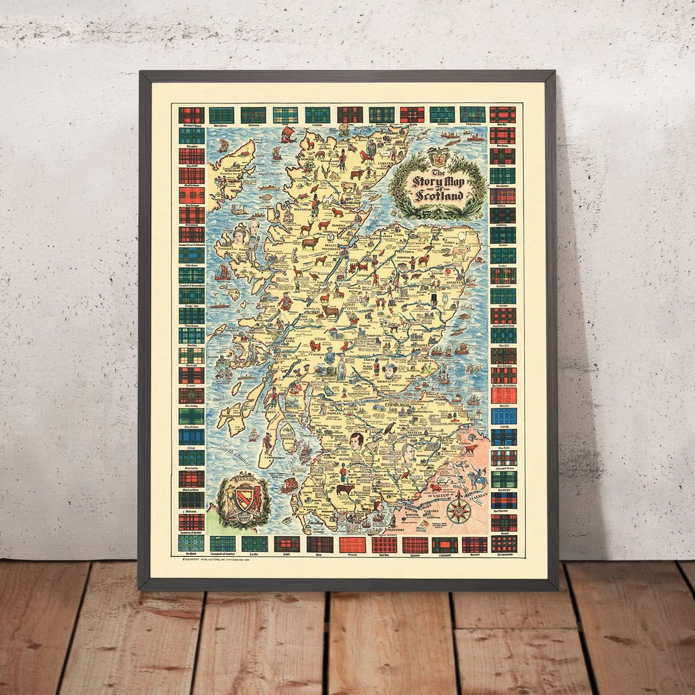 Old Pictorial Map of Scotland, 1935: Edinburgh, Glasgow, Castles, Tartans, Historical Figures