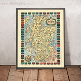 Alte bildliche Karte von Schottland, 1935: Edinburgh, Glasgow, Burgen, Tartans, historische Figuren 