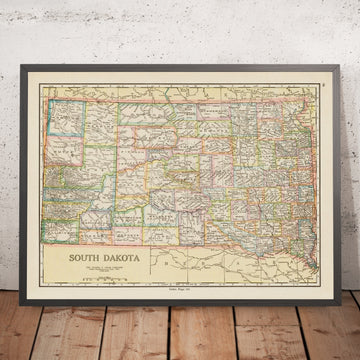 Ancienne carte du Dakota du Sud, 1925 : Sioux Falls, Rapid City, Black Hills, Badlands, fleuve Missouri 