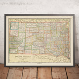 Ancienne carte du Dakota du Sud, 1925 : Sioux Falls, Rapid City, Black Hills, Badlands, fleuve Missouri 