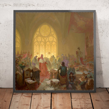 A framed image of George of Poděbrady by Alphonse Mucha, 1923