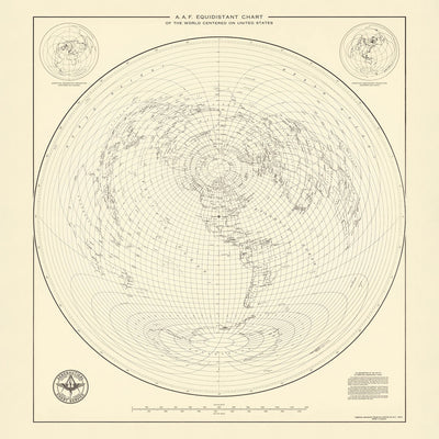 Old Azimuthal World Map Centered on the United States, 1947
