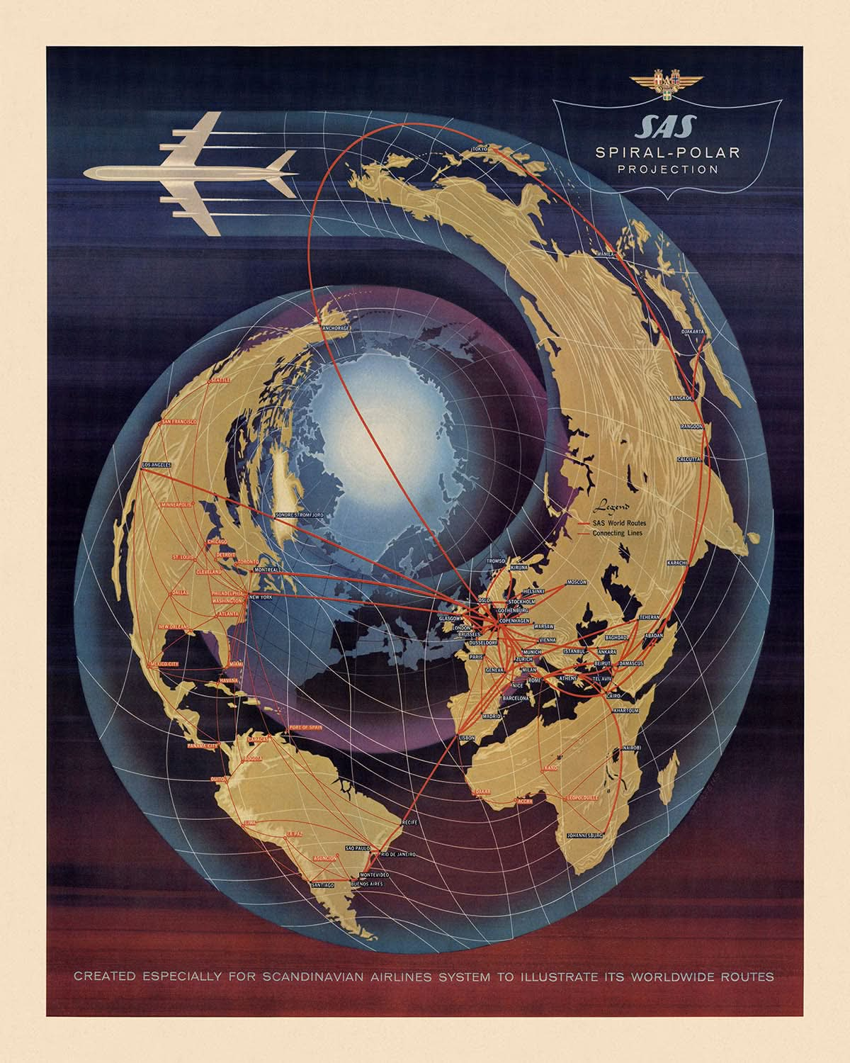 Mapa del Viejo Mundo con proyección polar de aerolíneas, realizado por SAS, 1960: diseño en espiral, rutas globales, era de la aviación.