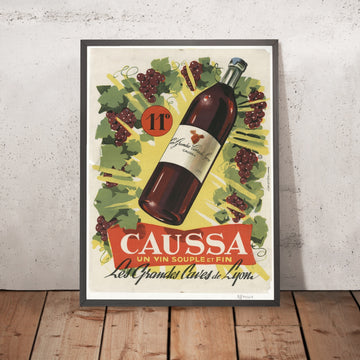 A framed image of Caussa Vintage Wine Poster by Cristen, 1950