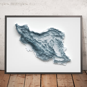 A framed image of a 3D style topographic relief map ofIran
